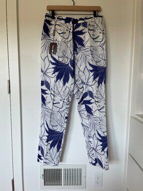 Punt Roma Tropical Leaf Print Linen Pants Blue White Size 12